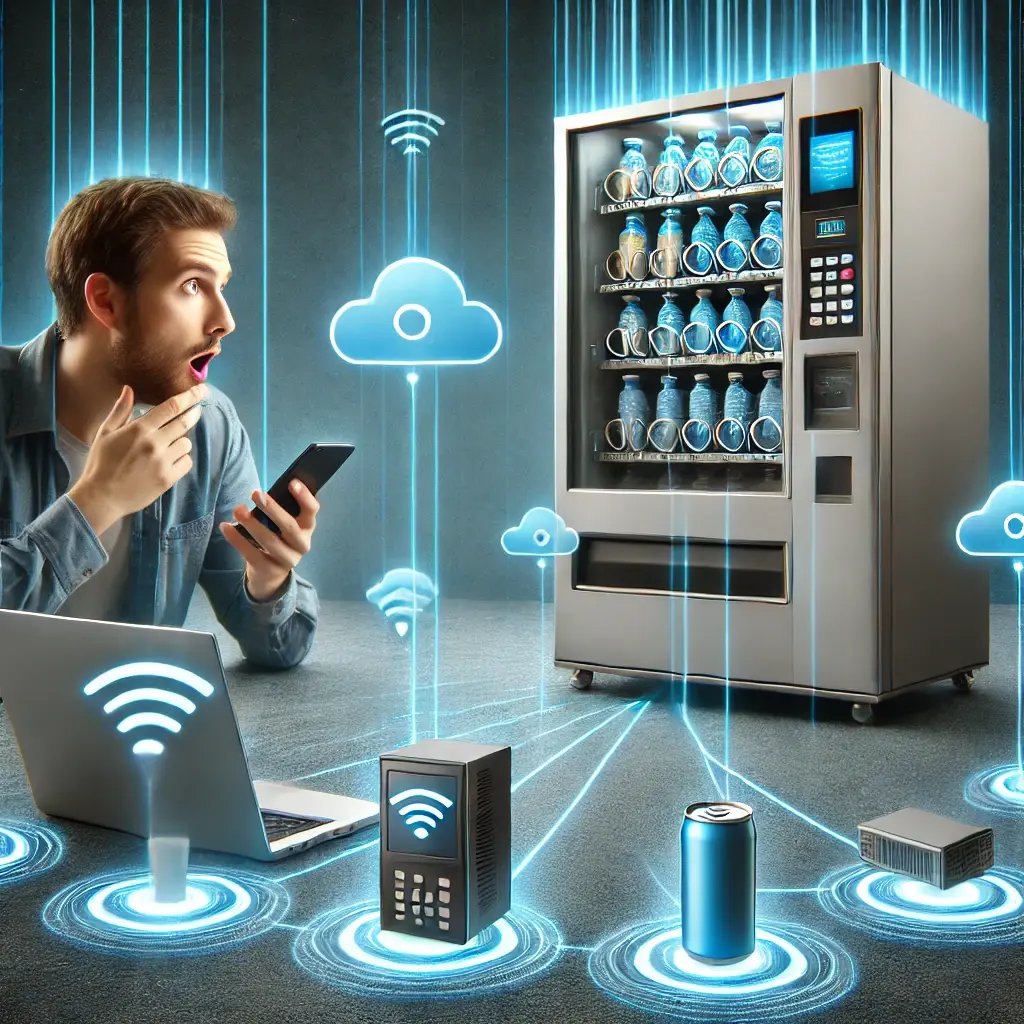 DALL·E 2024-09-25 16.45.43 - A realistic image of a smart vending machine connected to a laptop and smartphone via digital signals, representing telemetry and cloud-based data tra DALL·E 2024-09-25 16.45.43 - A realistic image of a smart vending machine connected to a laptop and smartphone via digital signals, representing telemetry and cloud-based data tra