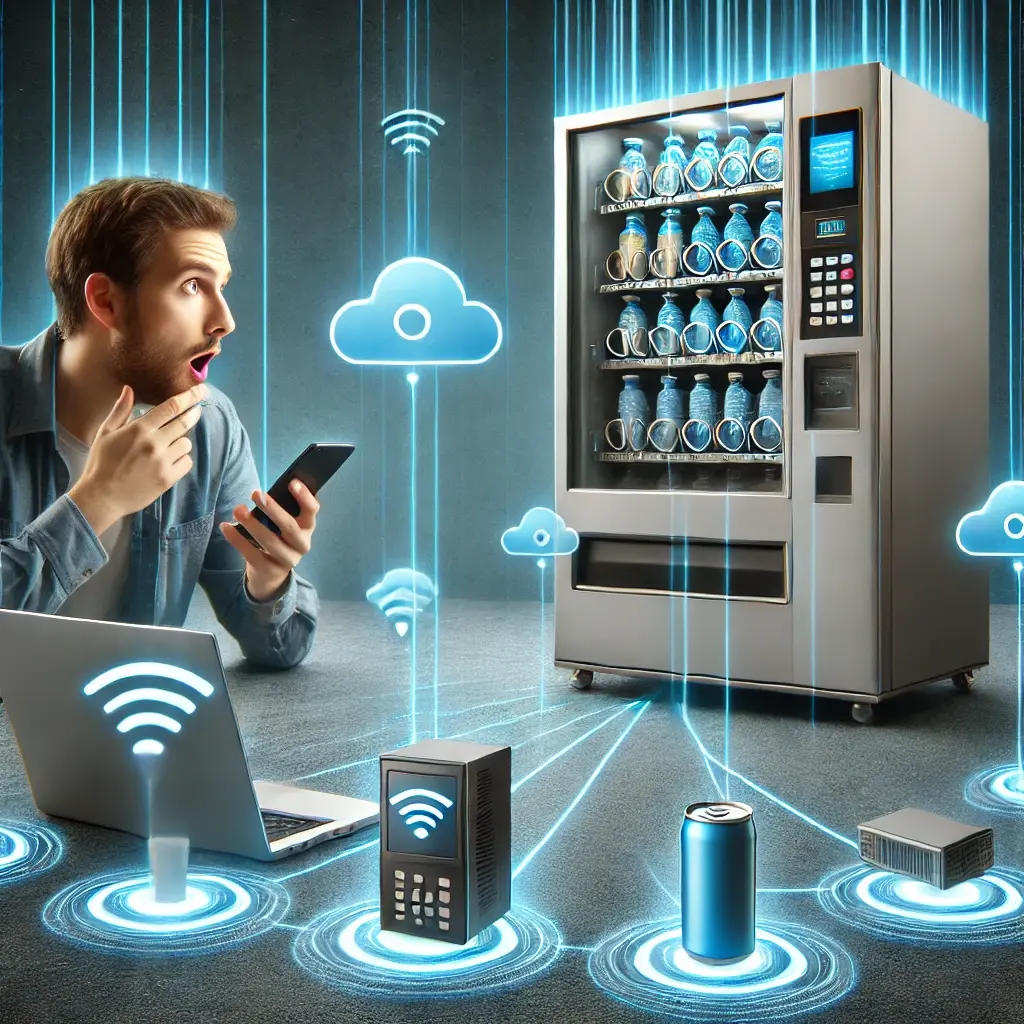 DALL·E 2024-09-25 16.45.43 - A realistic image of a smart vending machine connected to a laptop and smartphone via digital signals, representing telemetry and cloud-based data tra-1